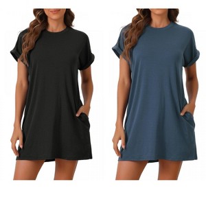 cheibear Women's Short Sleeve Round Neck Soft Night Dress with Pocket - 1 of 4