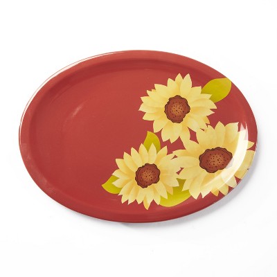 Lakeside Stoneware Red Oval Platter with Sunflower Accent - Oval Food Carrier