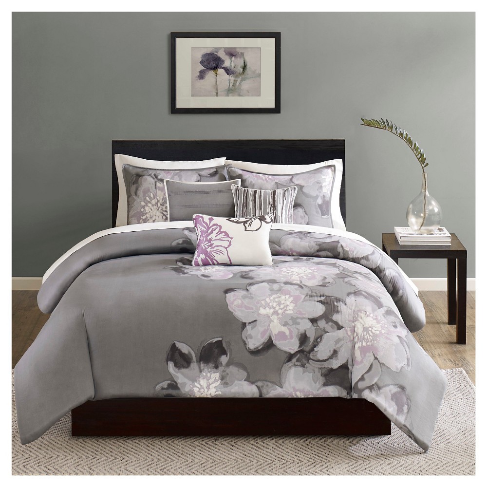 Photos - Bed Linen Gray/Purple Jasmine Watercolor Floral Duvet Cover Set Queen 6pc