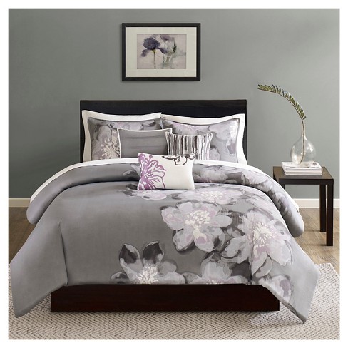 Gray/Purple Jasmine Watercolor Floral Duvet Cover Set Queen 6pc