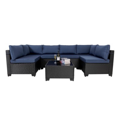 Maggift 7-Piece Patio Seating Set, All-Weather Wicker Rattan Sectional Sofa with One Side Tables for Poolside, Patio, Blue, 41.3" * 28.3" * 29.3"