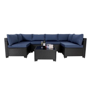 Maggift 7-Piece Patio Seating Set, All-Weather Wicker Rattan Sectional Sofa with One Side Tables for Poolside, Patio, Blue, 41.3" * 28.3" * 29.3" - 1 of 4