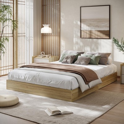 homfan  Solid Wood Platform Bed, Modern Minimalist Floor-Standing Bed Frame with Strong Wooden Slats