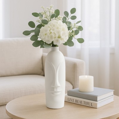 Decorative Ceramic Flower Vase with Abstract Sculpted Face - Table Vase with Matte Finish - Modern Vases and Accent Vase for Console or Shelf Styling