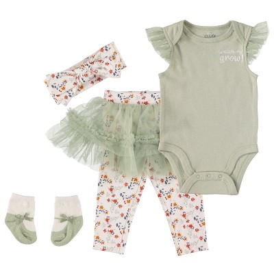 Image of Chick Pea Baby Girls Clothes, Newborn Tutu Outfit for Baby Girl Matching set with Booties and Headband 4 Pc set Olive Green Tutu 3T