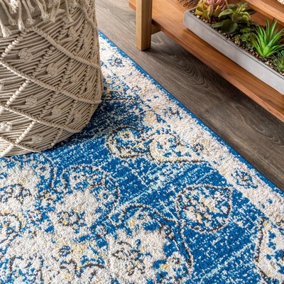 Blue and Cream Medallion Synthetic 4' x 6' Reversible Area Rug