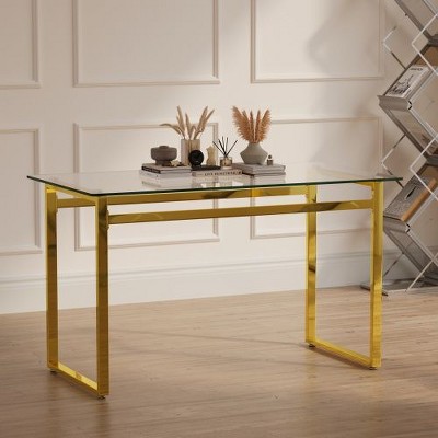 CENGHU 51" Rectangular Dining Table, Modern Minimalist Rectangular Glass Dining Table for 6,  Kitchen Table with Glass Tabletop and Metal Legs