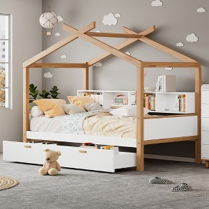 Whisen Wooden Full Size House Bed and Original Wood Colored Frame with Drawer, Desk and Bookshelf - 1 of 4