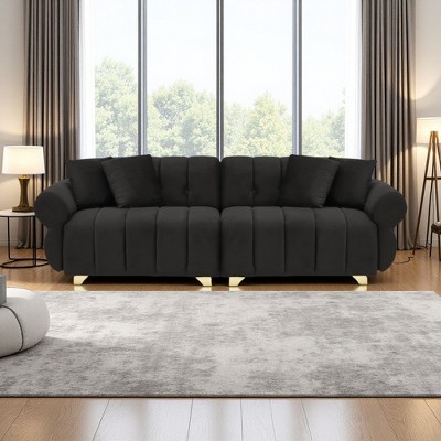 89" Velvet Sofa with Spring-Wrapped Cushions, 4 Throw Pillows & Metal Feet