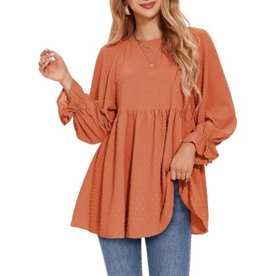 EXLURA Womens Long Sleeve Blouses Swiss Dot Babydoll Loose Fit Maternity Top 2025 Spring Fall Tunic Shirts Dressy Casual Tops White