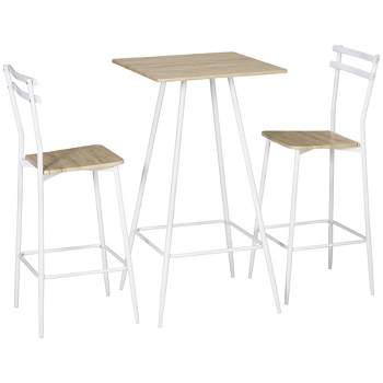 HOMCOM Bar Table and Chairs Set, 3 Piece Dining Table Set for 2 with Steel Frame and Footrest for Bar and Kitchen, White/Oak