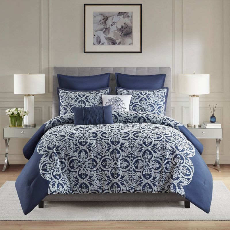 Madison Park 7pc Gianni Flocking Comforter Bedding Set with Euro Shams and Throw Pillows Navy Blue, 4 of 12