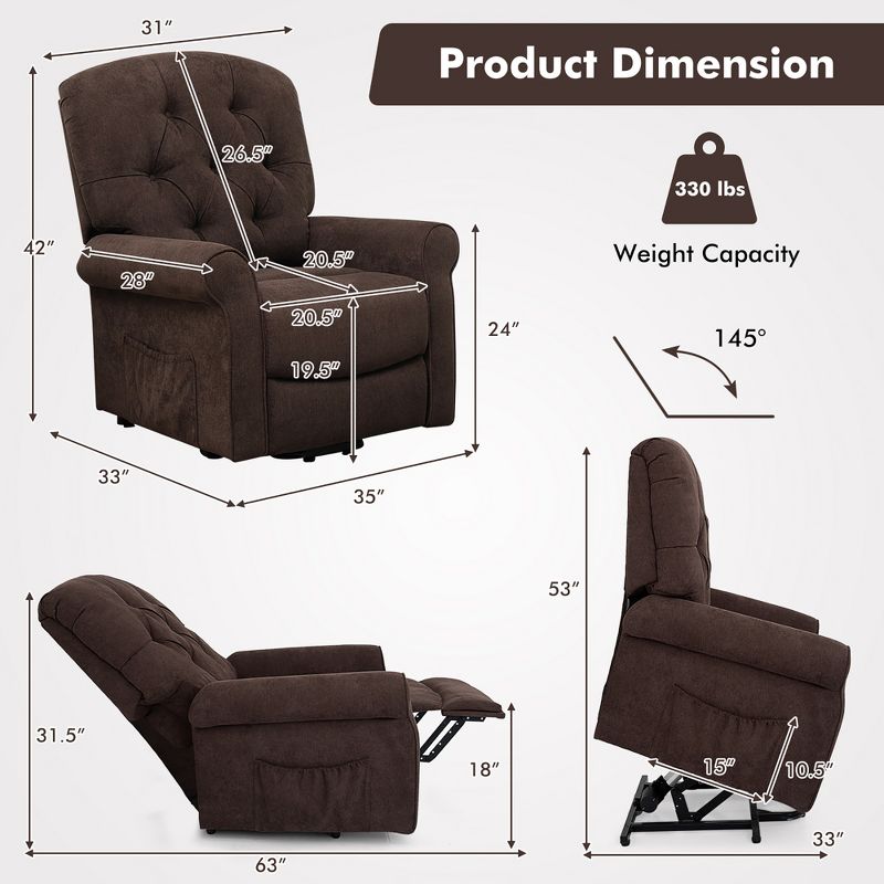 Costway Power Lift Recliner Chair Sofa for Elderly w/ Side Pocket & Remote Control Black\Brown, 3 of 11