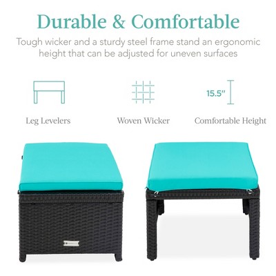 Patio Wicker Ottomans with Removable Cushions and Steel Frame - Black/Teal