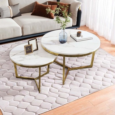 NicBex Modern Round Nesting Coffee Table with Marble Top and Metal Base for Living Room, White