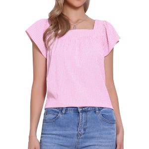 INSPIRE CHIC Women's Summer Square Neck Gingham Cap Sleeve Blouses - 1 of 4