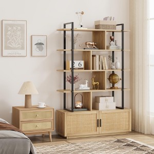 5 Tier Rattan Bookshelf with Storage Cabinet & Door, 71.1 Inch Tall Industrial Book Shelf with Open Display Shelves, 5 Shelf Bookcase with Metal Frame - 1 of 4