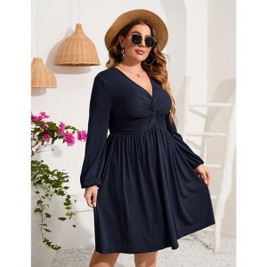 Coolmee Women's Plus Size Dress V Neck Long Sleeve Front Knotted Elastic Elegant Dress A Line Knee Length Midi Dress - 1 of 4