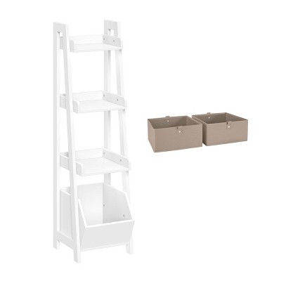 RiverRidge Amery 4-Tier 13in Ladder Shelf with Display Shelf and Storage Organizer Bin - White with 2 5in Fabric Bins