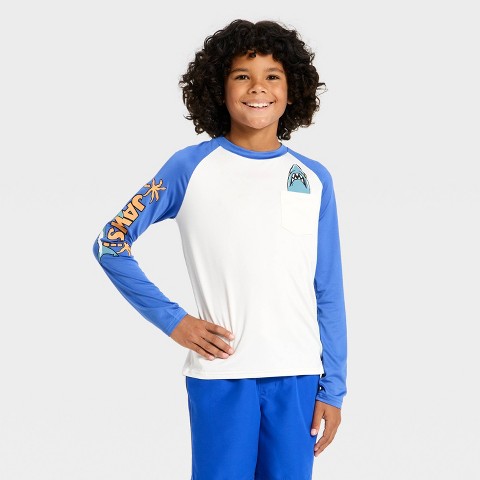 JAWS Boys' Jaws Rash Guard Top - Sky Blue/Ivory M