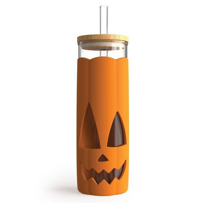Ototo 17 fl oz Jack-o-Cup Glass Tumbler with Lid and Straw, Silicone, Glass, and Bamboo Orange