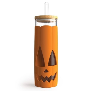 Ototo 17 fl oz Jack-o-Cup Glass Tumbler with Lid and Straw, Silicone, Glass, and Bamboo Orange - 1 of 4