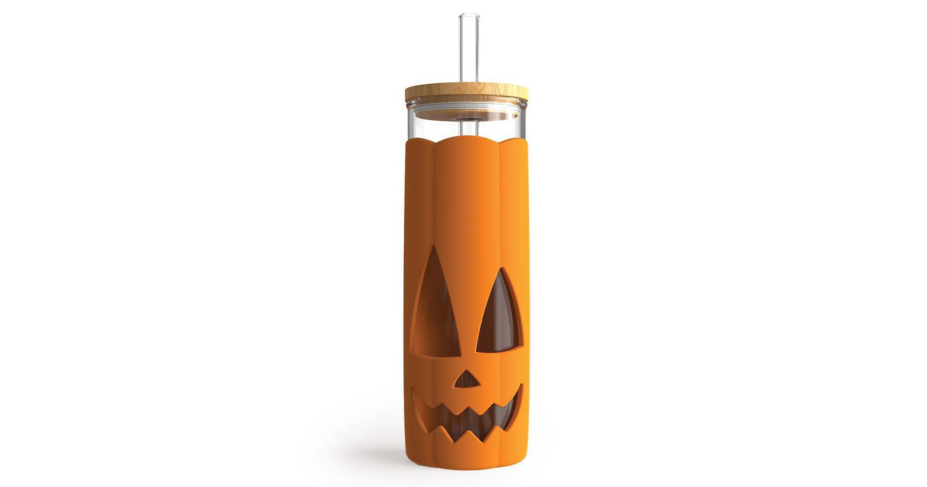 Ototo 17 fl oz Jack-o-Cup Glass Tumbler with Lid and Straw, Silicone, Glass, and Bamboo Orange