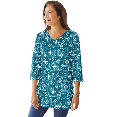 Woman Within Perfect Printed Three-Quarter-Sleeve V-Neck Tunic