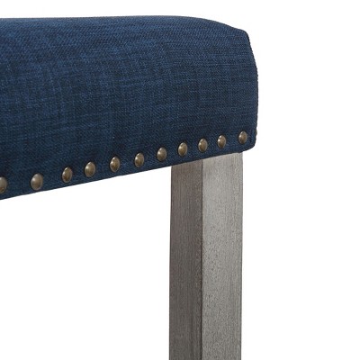 Navy Blue 24" Wooden Saddle Bar Stool with Linen Upholstery