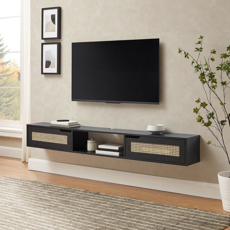 Modern Boho Floating TV Stand for TVs up to 80&#34; with Rattan Doors Black - Saracina Home, 2 of 13