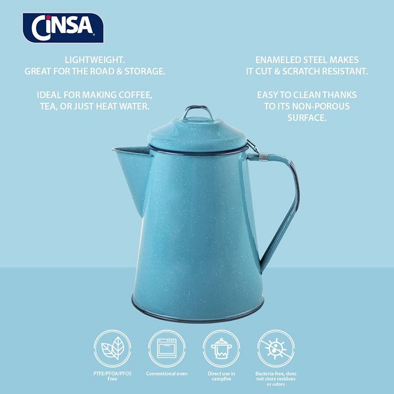 Cinsa Enamelware Coffee and Tea Pot (Turquoise Color) - 8 Cups , Hot Water for Coffee and Tea - Light and Resistant, 5 of 8