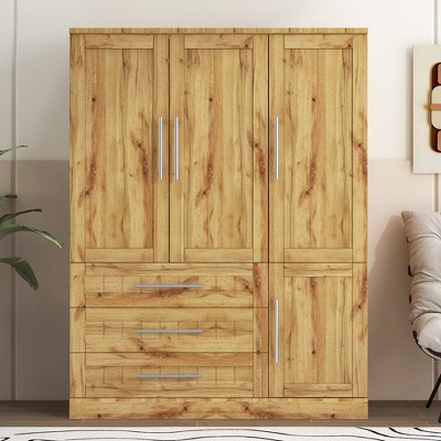 47"W 4 Door Wardrobe Clothing Armoire Closet Storage Cabinet  with 3 Drawers, Hanging Rails and Storage Shelves, White/Natural-ModernLuxe