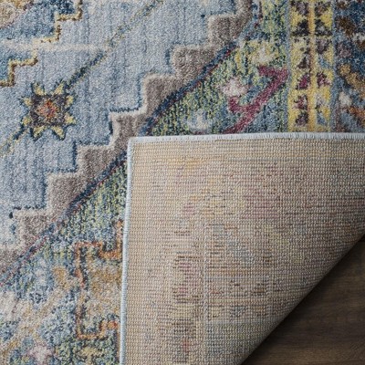 Blue and Camel Distressed Polyester Runner Rug, 2'3" x 6'