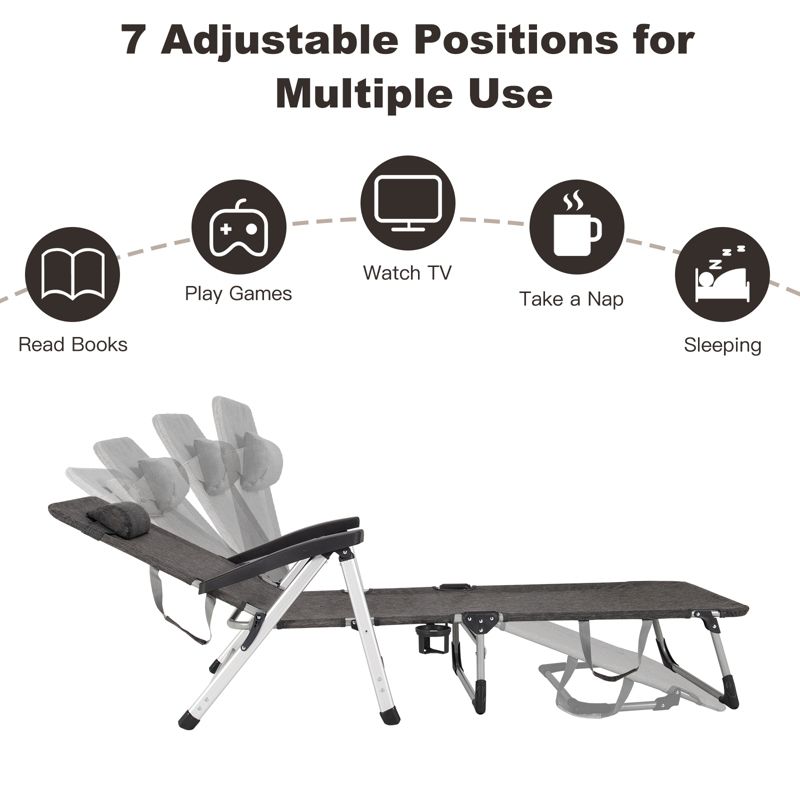 Tangkula Folding Camping Cot, Adjustable 7-position Lounge Chair w/ Removable Headrest & Cup Holder Black/ Grey/ Beige/ Blue, 5 of 10