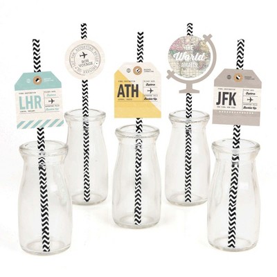 Big Dot of Happiness World Awaits Paper Straw Decor - Travel Themed Party Striped Decorative Straws - Set of 24