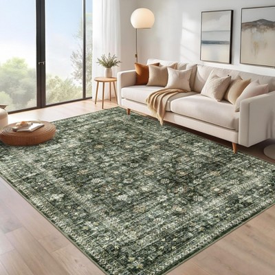 Elegant Floral Inspired Thin Indoor Rug, Non Slip Washable Low Pile Carpet Mat with Stain Resistant Backing and Reinforced Edges, Perfect