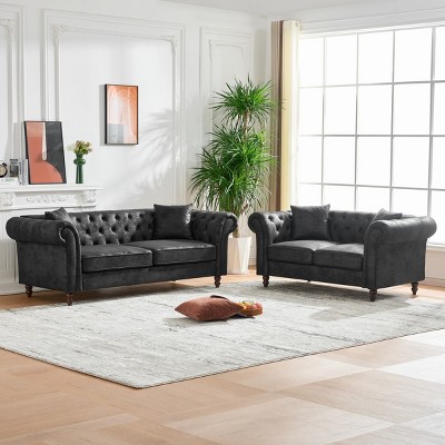 Chesterfield 3+2 Seater Sofa Set,Classic Rolled Arm Couch Loveseat with Stain Resistant Tech Fabric for Living Room-Baofuwish