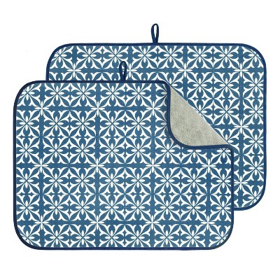 LunaLulinlk 24" x 18" Dish Drying Mat Set of 2 Microfiber Dish Drainer/Rack Pads with Hanging Loop Navy Blue Damask