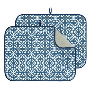 LunaLulinlk 24" x 18" Dish Drying Mat Set of 2 Microfiber Dish Drainer/Rack Pads with Hanging Loop Navy Blue Damask - 1 of 4