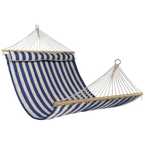 Northlight Striped Macrame Quilted Two Person Double Hammock with Pillow - 9' x 55" - Blue and Cream - image 1 of 4