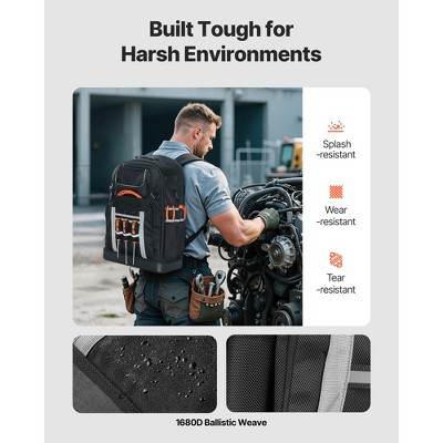 VEVOR Tool Backpack, 56 Pockets, Heavy-duty Tools Storage Organizer Bags with Molded Base, Electrician Jobsite Backpack, Black+Gray — фото 4