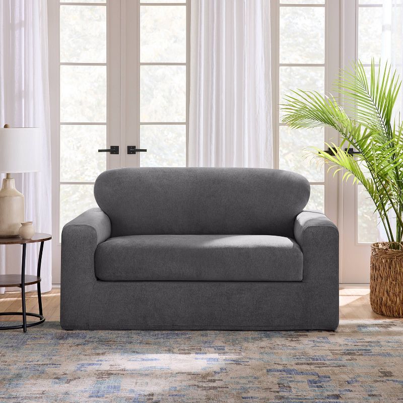 Sure Fit 2pc 73&#34; Wide Cedar Stretch Textured Loveseat Slipcover Black, 1 of 8