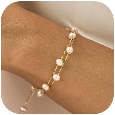 Gold/Silver Pearl Bracelets - 14K Gold Plated Dainty Pearls Beaded Chain Heart Bracelets