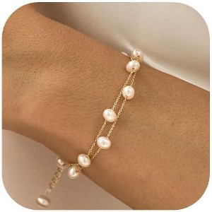 Gold/Silver Pearl Bracelets - 14K Gold Plated Dainty Pearls Beaded Chain Heart Bracelets - 1 of 4