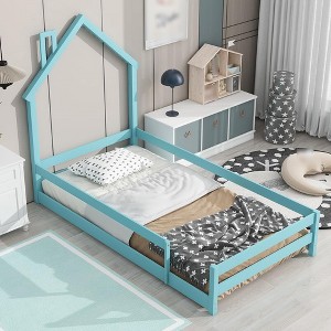 Twin Size Floor Bed with House Shaped Headboard Montessori Toddler Floor Bed Frame with Fence Wooden Floor House Bed with Full Length Guardrails
