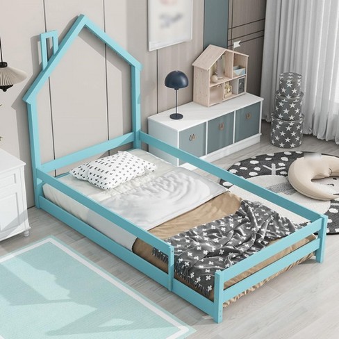 Twin Size Floor Bed With House shaped Headboard Montessori Toddler Floor Bed Frame With Fence Wooden Floor House Bed With Full length Guardrails Target