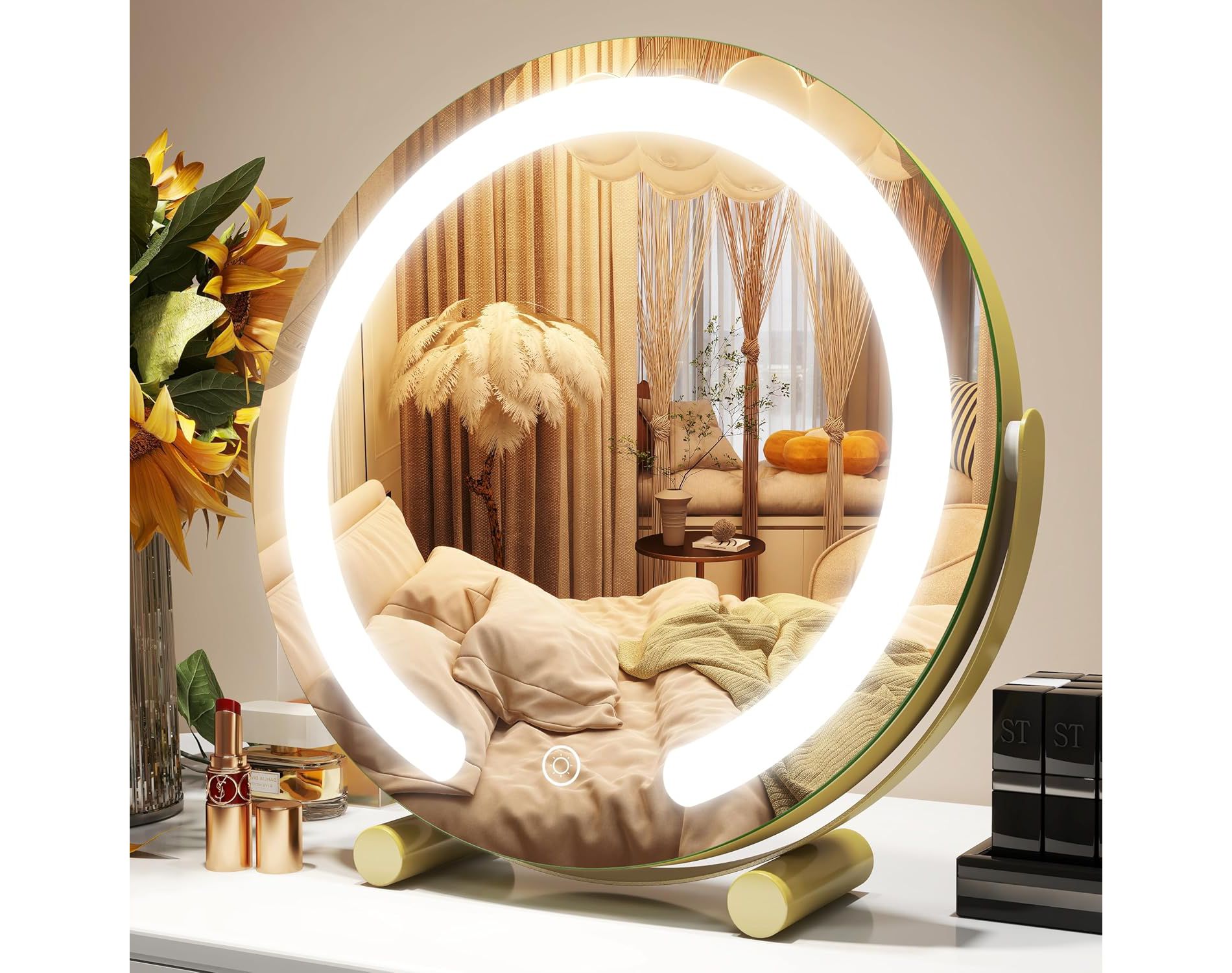 LED Makeup Mirror with Lights Smart Touch Control 3 Colors Dimmable, 360° Rotation, Gold