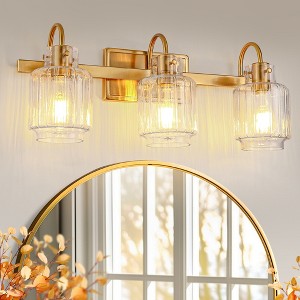 DORESshop 23 in. Gold 3-Light Bathroom Vanity Light with Ribbed Bottle Glass Bathroom Wall Sconce for Corridor and Hallway - 1 of 4