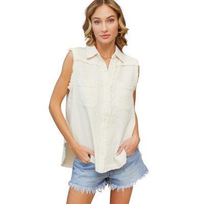 Slickblue Casual Sleeveless Cotton Button Down Shirt - Washed Gauze Fabric, Cream Top for Women, Size S-L