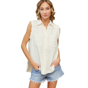 Slickblue Casual Sleeveless Cotton Button Down Shirt - Washed Gauze Fabric, Cream Top for Women, Size S-L - 1 of 4